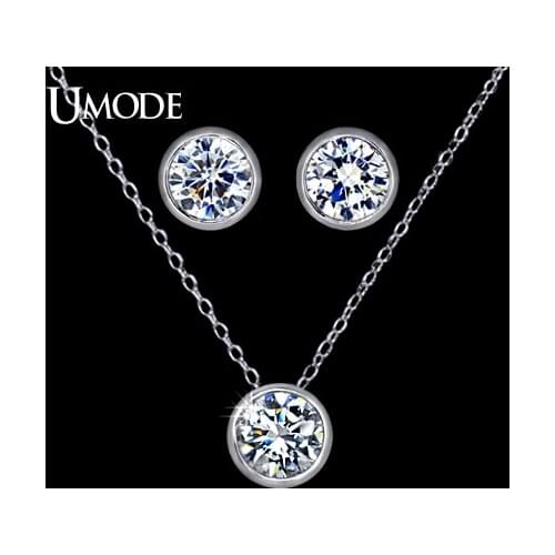 UMODE Jewelry Set for Women with 1 Pair of Small Cute Stud Earrings & 1 White Gold Color CZ Stone Chain Pendant Necklace US0026