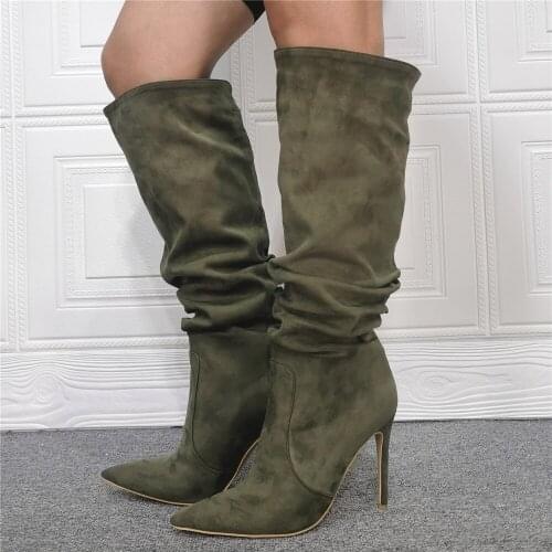 Vintage Fashion Booties High Heels Stretch Suede Leather Knee High Sexi Tall Boots Sock Thigh High Stiletto Plus Size47 F580