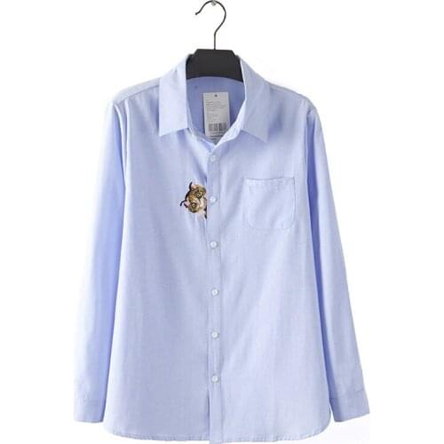 Spring cotton Plus Size White Blouses tees Women Vintage Cartoon Cat Embroidery Long Sleeve Shirts Elegant Ladies Tops Shirts