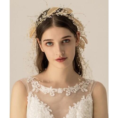 Vintage Golden Leaf Tiara Crystal Wedding Headband Hair Jewelry Princess Tiara Handmade Headbands Bridal Headpiece