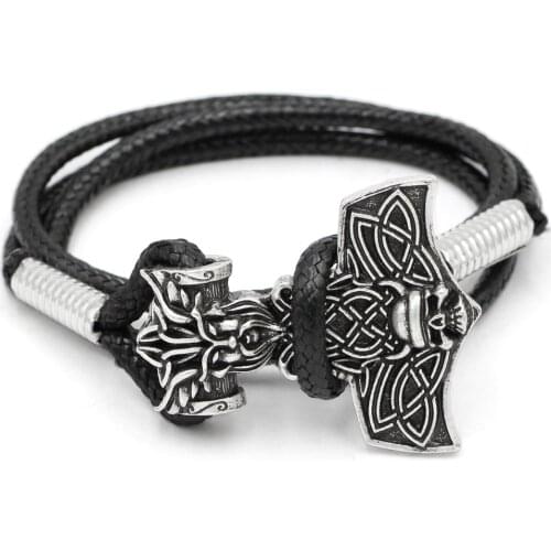 Youeshone Norse Viking Thors Hammer Amulet Nordic Odin Skull Face Mjolnir Bracelet - 23cm