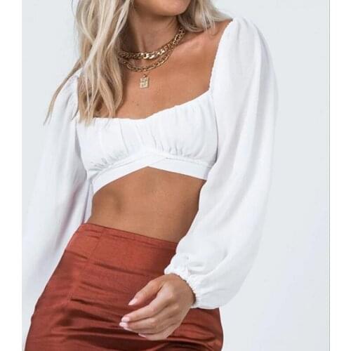 2021 Fashion Sexy Bandage Lady Blouse Women Long Sleeve Square Collar Solid Slim Crop Top Holiday Spring Autumn Casual Shirt