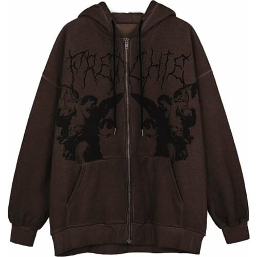 Vintage Angel Print Hoodies Oversized Female Zip-up Long Sleeve Womens Sweatshirt Y2k Aesthetic Autumn Winter Hoodie Streetwear