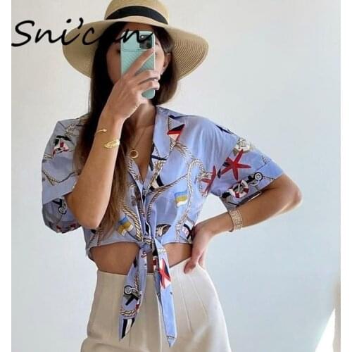 Short Sleeve Bow Tie Bandage Sexy Short Shirts Vintage Spring Anchor Print Ladies Blouse Za Women Chic Tops Camisas Femininas