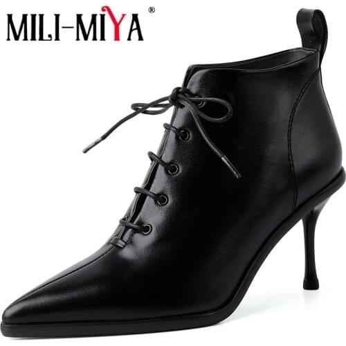 MILI-MIYA Sexy Genuine Leather Ankle Boots Women Fashion Sexy Pointed Toe Lace Up Thin High Heel Party Prom Shoes Autumn Brown