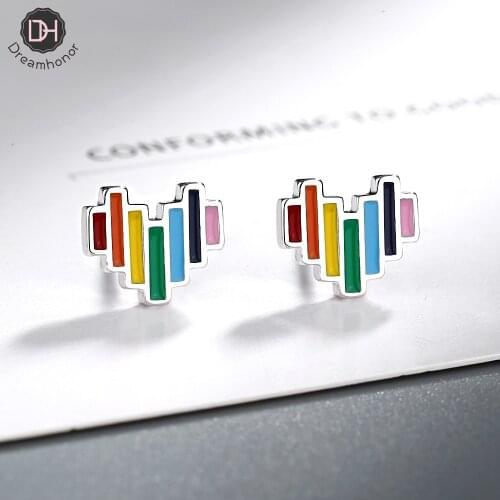 Dreamhonor 925 Sterling Silver Epoxy Rainbow Heart-shaped Stud Earrings Jewelry Accessories