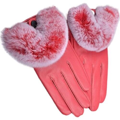 Women Winter Gloves U-shaped Rex Rabbit fur Leather gloves Short Paragraph Genuine Leather Thick Warm gloves guantes