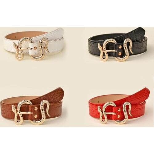 Womens Fashion PU Imitation Crocodile Leather Belt Metal S Snake-Shaped Buckle Strap All-Match Trend Decoration Jeans Waistband