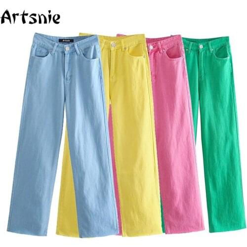 Artsnie Vintage Casual Straight Jeans Women Summer 2021 High Waist Long Pants Femme Streetwear Yellow Ladies Denim Shorts