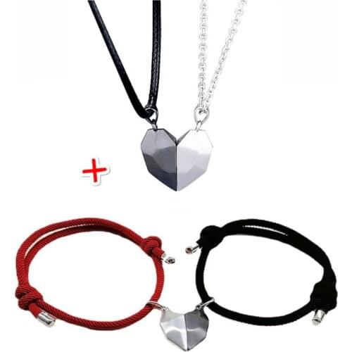 2Pcs Minimalist Lovers Bracelet Matching Friendship Heart Pendant Couple Magnetic Distance Faceted Heart Lovers Necklace Jewelry