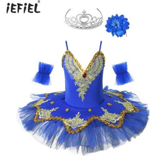 Kids Girls Tutu Ballet Dress Dancewear Sequins Gymnastics Leotard Dress Swan Dance Clothes With Arm Sleeves Hair Clip Hair Hoop