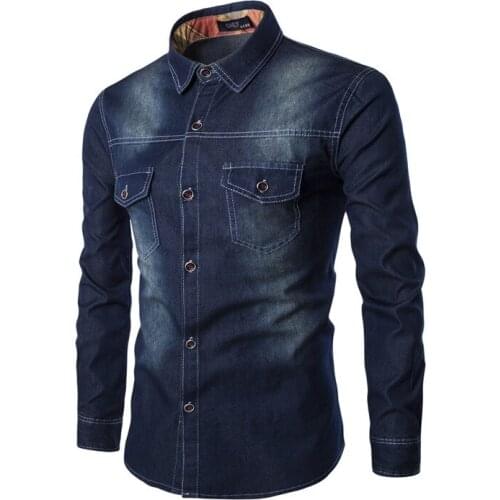 Denim shirt autumn Men Chest double pocket slim Long-sleeved jean shirt mens Single-breasted Cardigan Plus size Brand clothing