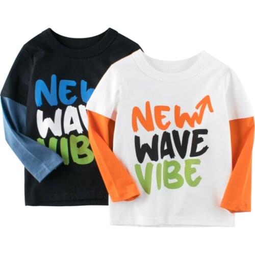 Fake Two Cotton Tops for Boys and Girls Autumn New Fashion Letter Print T-shirt Kids Active Long Sleeve Tee Shirts for Children