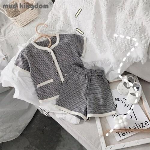 Mudkingdom Fashion Girl T-shirts Shorts Set Plaid Single Breasted Short Sleeve Tops Outfits for Girls Summer Casual Sets Clothes