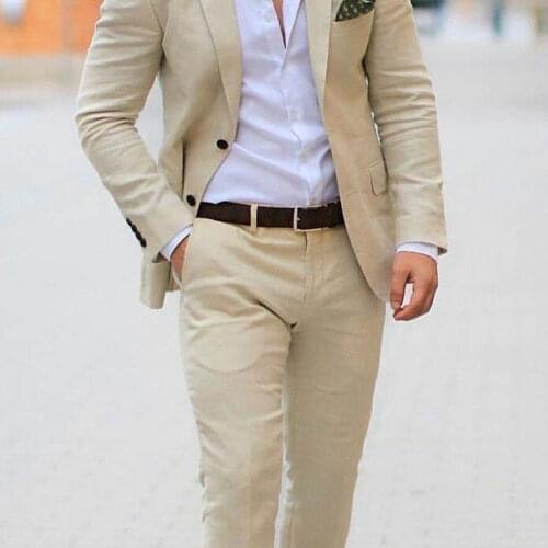 Costume Homme Champagne Beige Linen Beach Wedding Suits with Pants Groom Wedding Tuxedos Man Blazers Terno Masculino 2 Piece