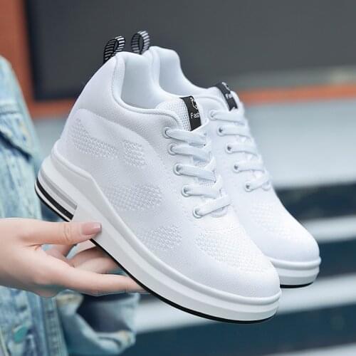 8.5 cm Height Increasing New Women Platform Sneakers White Non-Slip Lace Up Loafers Woman Ladies Wedge Shoes Chaussure Femme