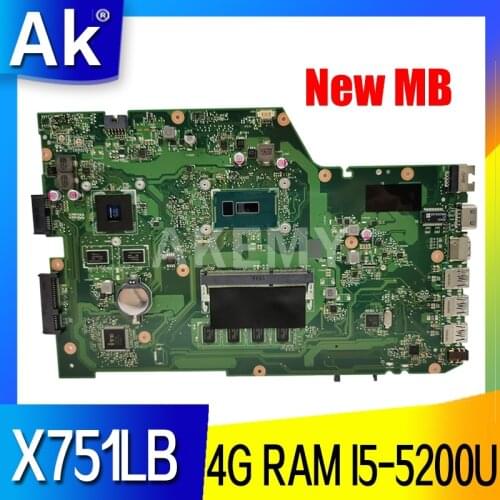 Akemy X751LB Mainboard For Asus X751LJ X751LB A751L X751L Laptop motherboard I5-5200U 4GB-RAM GT920M EDP screen