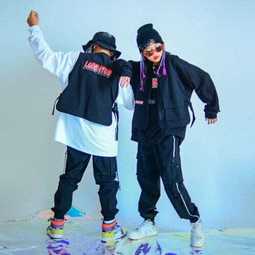 Fashion Boys Hip Hop Dance Costumes Black Vest Hiphop Suit Performance Clothes Girls Jazz Street Dance Wear Rave Clothes DQS6014