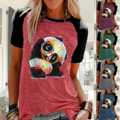 New Arrived Women‘s Summer Fashion Short Sleeve Round Neck T-shirt Panda Printed Casual Shirt Loose Plus Size Blouse Tops