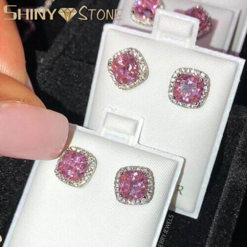 New Silver Color Bling Space Pattern Square Zirconia Pink Earrings Hip Hop Copper Micro Paved Cubic Earring Party Jewelry
