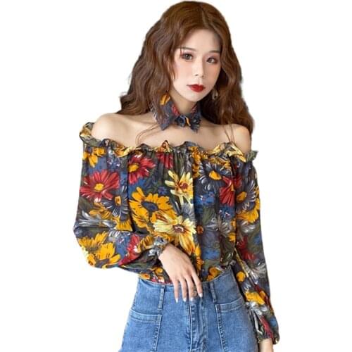 Autumn Floral Off Shoulder Blusas Summer Slash Neck Puff Sleeve Women Chiffon Blouses Sexy Retro Vintage Shirts Sweet Tops 2020