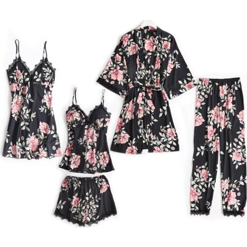 Spring And Summer New Style Imitation Silk Pajamas Sexy Lace Edge Home Clothes Printed Pajamas Set 5PCS Lounge Intimate Lingerie