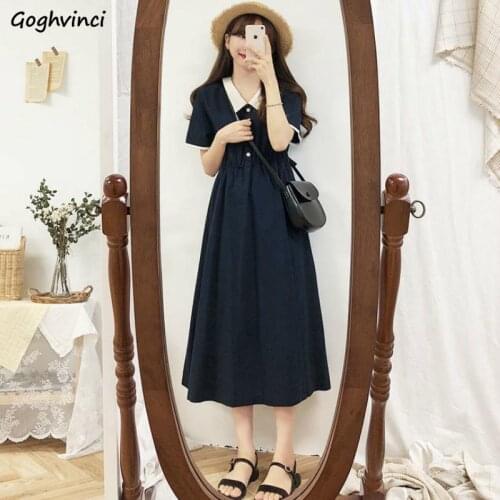 Short Sleeve Dress Women Button Turn-down Collar Patchwork Sweet Ruched Leisure Students Dresses Loose Retro Elegant A-line New