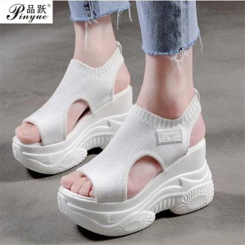Summer Women Fashion New Super High Heel Sandals Wedges Open Toe Knitting Rome Shoes Platform Slip On Sneakers