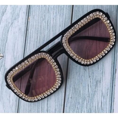 Oversized sunglasses square color lens luxury with diamond decorative pc frame ladies blackout sunglasses retro travel UV400