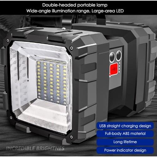 Super Bright Double Head Flashlight Searchlight USB Rechargeable Portable Outdoor Emergency Light Solar Work Light Fishing Light