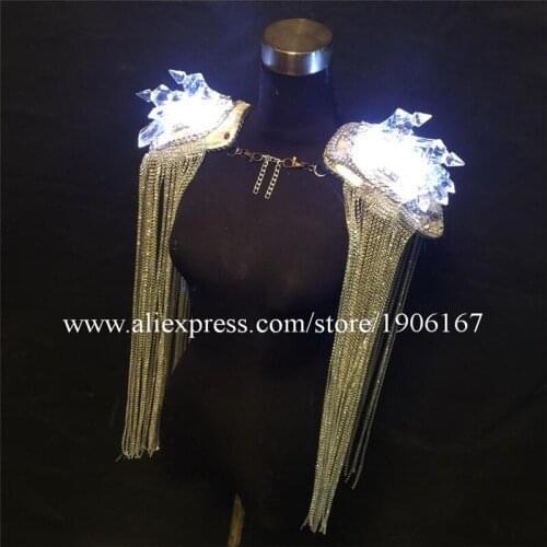 Led Luminous Crystal Tassel Party Evening Clothes Nightclub Light Up Grand Event Performance Shoulder Led Ballroom Costume