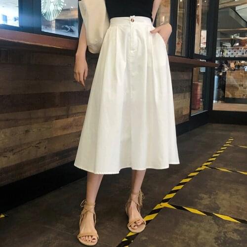 Summer Women Skirts Korea Type A-line Casual Mid-calf Saia Faldas Pockets Stretchy Waist Solid White Black Pleated Woman Skirts