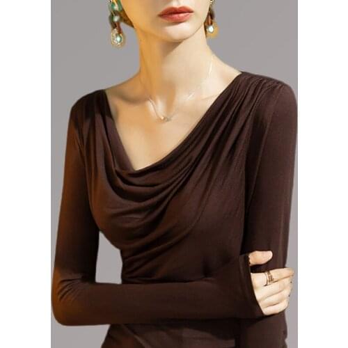 Women Cotton Long Sleeve V Collar T-shirt Scarf Collar Solid color Lady Tees Womens clothing Female Winter T-shirts