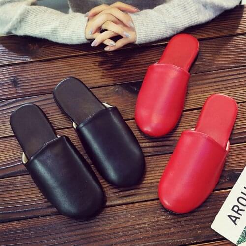 Women Men PU Leather Slippers Soft Sole Lovers Indoor Mute Slipper Solid Color Summer Autumn Shoes Female Male Home Floor Slides