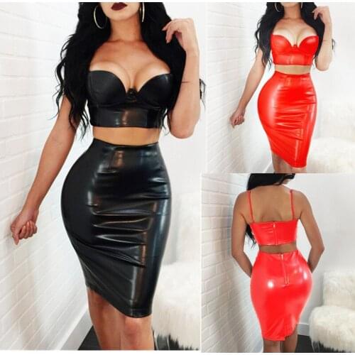 Sexy PU Leather Bandage Dresses Women Two Piece Set Bodycon Spaghetti Strap Party Dress V Neck Vestidos Summer Clubwear