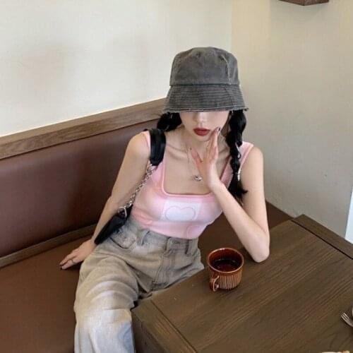 2021 Womens Summer Leisure College Style Youth Slim Vest Cute Check Heart Print Sleeveless Square Neck Knit Cropped Top Pink