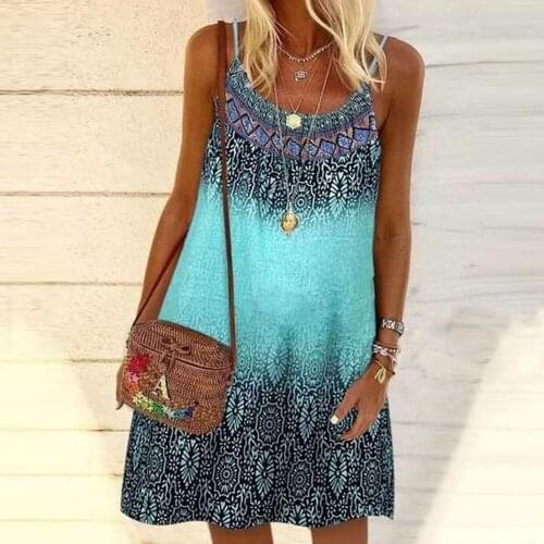 Women Bohemian Dress 2021 Summer Beach Spaghetti Strap Sundress Casual O-neck Loose Female Mini Dresses Vestidos Plus Size