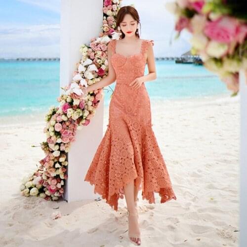 2021 Summer New Fashion Runway Long Dress Women Sexy Spaghetti Strap hollow Out Lace Crochet Trumpet High WaistMermaid Dress