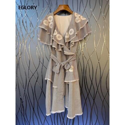 Top Quality New 2020 Summer Sexy Beach Dress Women Sexy V-Neck Lurex Embroidery Ruffle Sexy Striped White Belt Dress Above Knee