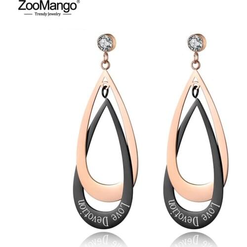 ZooMango Black & Rose Gold Color Waterdrop Shape Slternated 2 Layers Earrings Stainless Steel Jewelry Crystal Rhinestone ZE18091