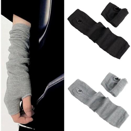 1 Pair Stretchy Warm Mittens Solid Knitted Fingerless Long Gloves Crochet Half Finger Sleeves For Unisex Antifreeze Oversleeve