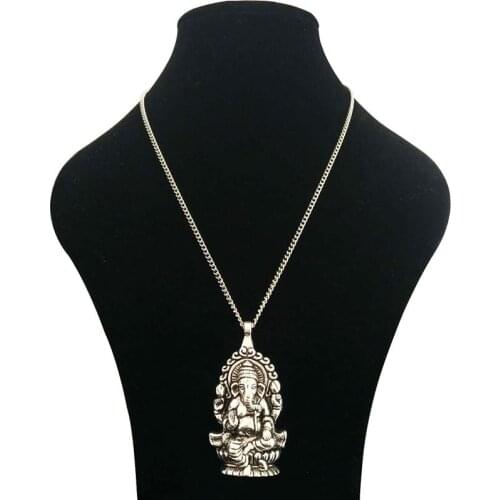 1 x Tibetan Silver Metal Large Ganesha Elephant Hindu God Of Beginnings Pendant Necklaces on Long Chain Lagenlook 34"