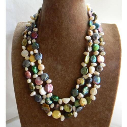 3Strands 18'' 14mm Multicolor Coin White Baroque Freshwater Pearl Necklace