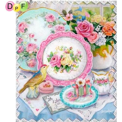 DPF DIY Pink plate flower diamond painting cross stitch crafts wall painting diamond mosaic square diamond embroidery home decor