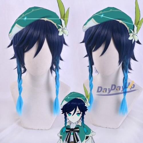 Genshin Impact Venti Gradient Blue Short Braided Cosplay Heat Resistant Synthetic Hair Halloween Carnival Party + Free Wig Cap