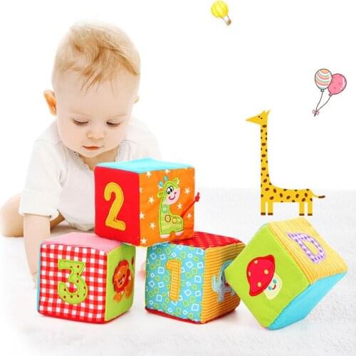 4 PCS Baby Toys Play Activity Block Grasp Cube Set Crinkle Rattle Bell Sound Educational Toys for Children Kids Newborn Gift