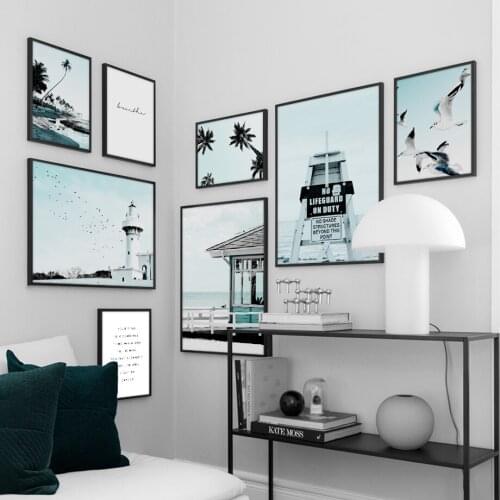 Retro Blue Sea Beach Landscape Canvas Painting Lighthouse Seagull Palm Tree Posters and Prints Wall Art Pictures for Living Room