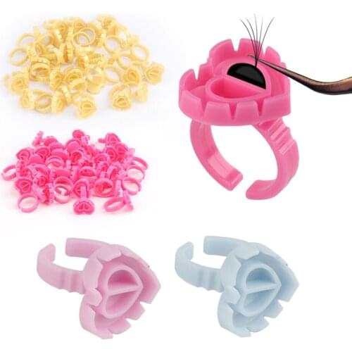 NEWCOME 50/100pcs Professional Glue Ring Heart/Round Tatoo Adhesive Holder V Shaped Easy Fan Cilias Making Cup Ring Makeup Tool
