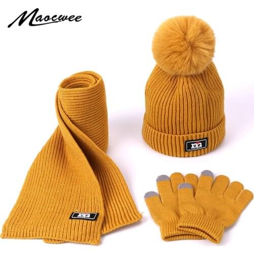Three Piece Baby Hats Scarf Gloves Sets Double Pompom Knitted Beanie Autumn Winter Warm Children Skullies Scarf Gloves Suits