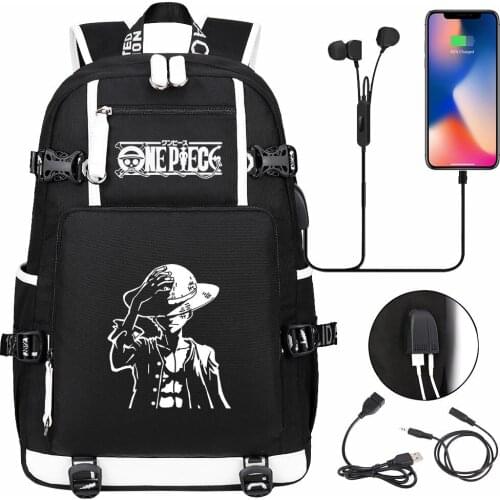 Cartoon Fashion One Piece Luffy USB Boy Girl School Bag Large Capacity Teenagers Students Schoolbags Women Men Travel Backpack